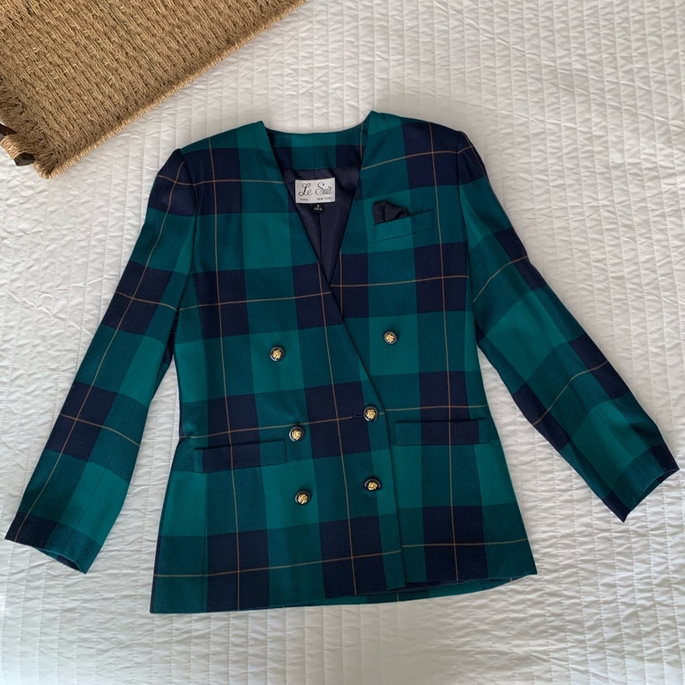 Vintage Le Suit Set Blazer Jacket Skirt 2 PC 80s Green Navy Plaid Women’s Size 6 - Picture 3 of 16